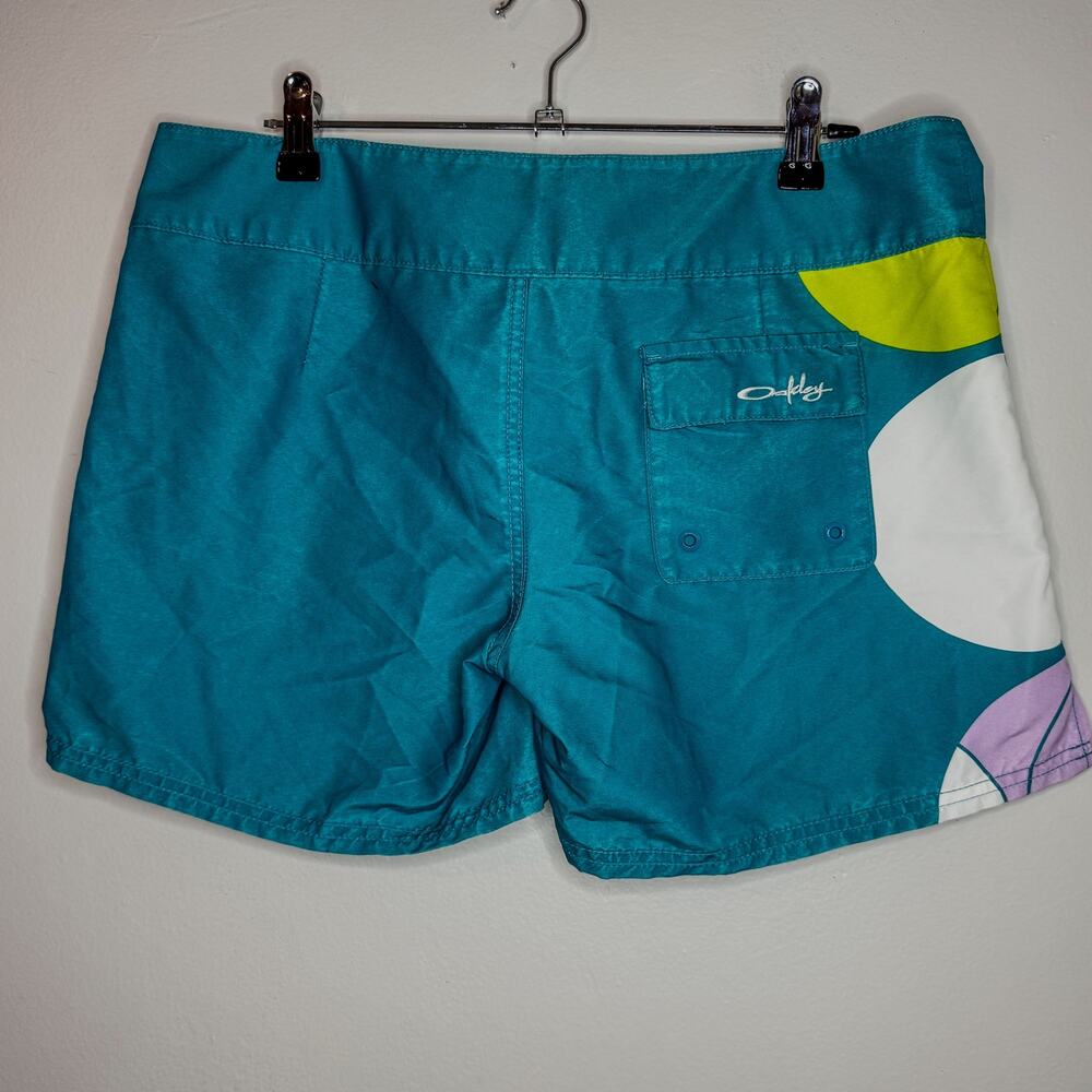 Vtg Y2K Oakley Teal Graphic Board Shorts Swim Trunks Lace Up Size US 7/8